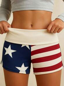 Pantalones cortos de pijama para mujer, ideales para el 4 de julio, con estampado de estrellas y rayas, cintura plegable y diseño elástico. Perfectos para dormir. - Azul - Ver 1