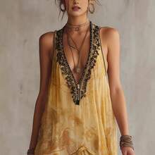 2026 New Style Yellow Printed Strap Dress Women, Summer Hollow Lace Trim Beach Dress, Short Dress - 圖片色 - 查看 3