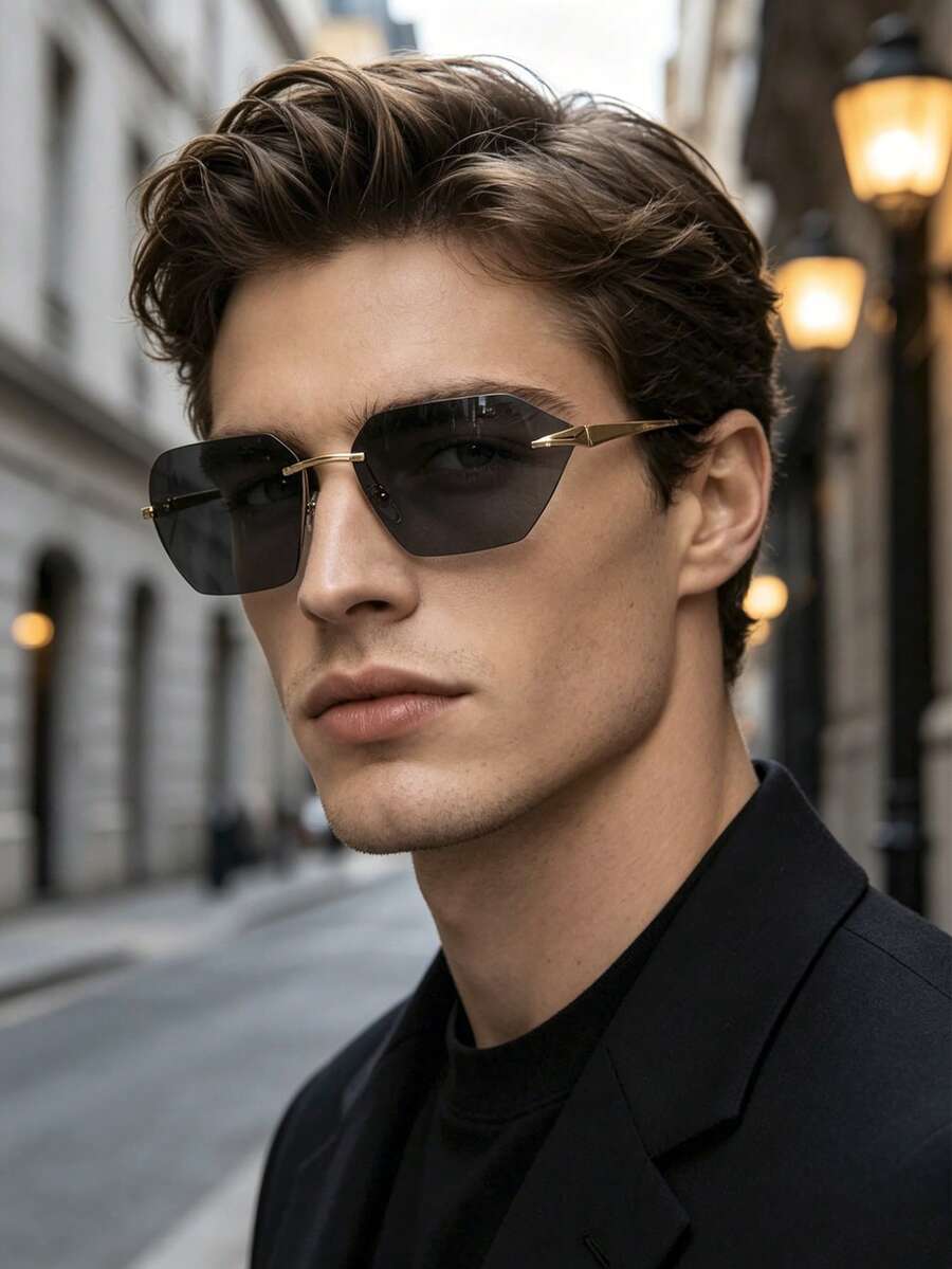 1 pièce Lunettes de mode hommes irrégulières sans monture, bord métallique, style rétro européen et américain, décontracté, hip-hop, cool, minimaliste, chic, de luxe, pour la mode, les voyages et l'extérieur - gris doré - Voir 1