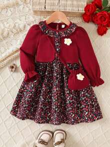 Young Girl Autumn/Winter Floral Print Ruffle Hem 2 In 1 Long Sleeve Dress With Waist Bag - Burgundy - View 1