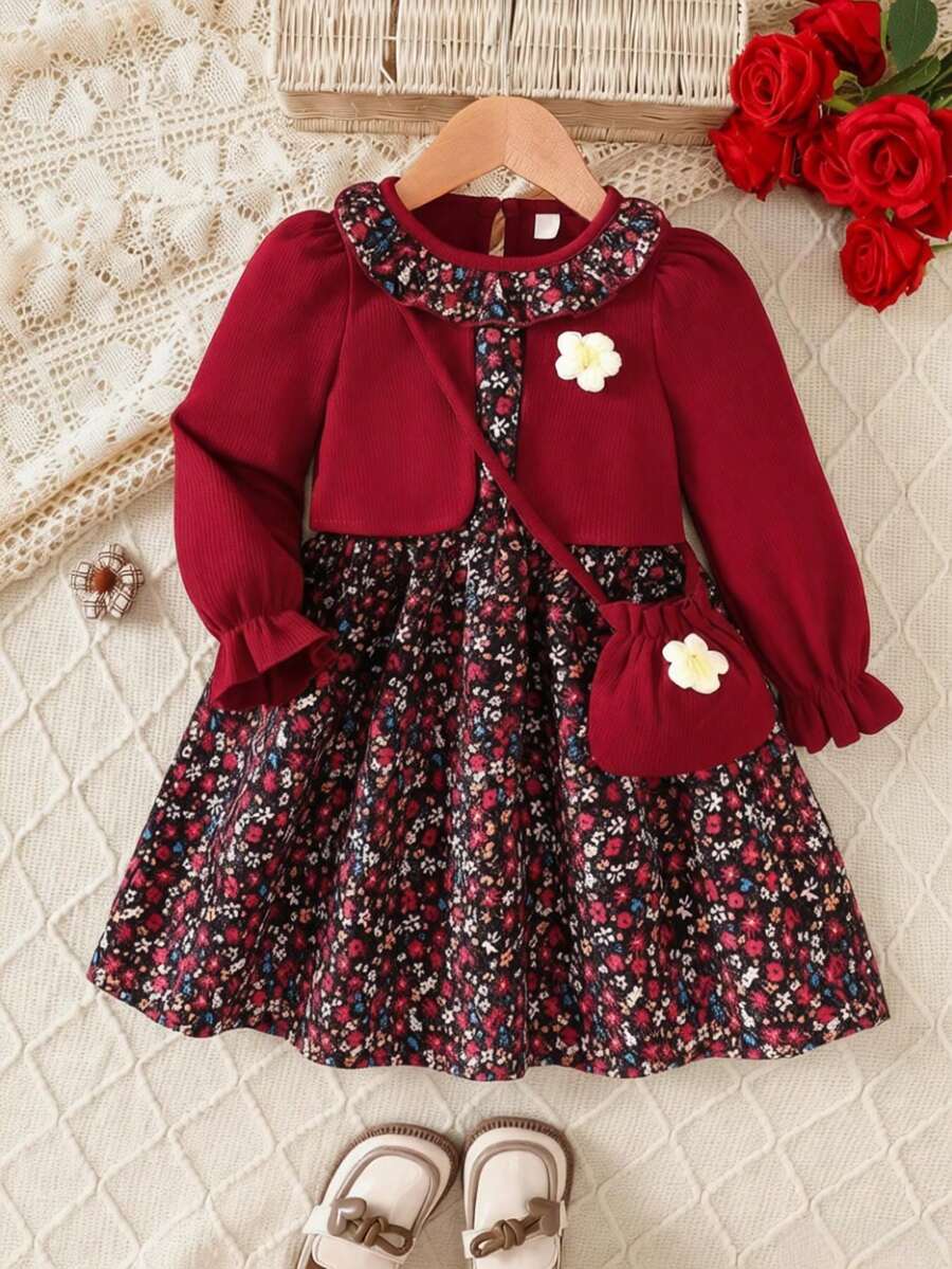 Young Girl Autumn/Winter Floral Print Ruffle Hem 2 In 1 Long Sleeve Dress With Waist Bag - Burgundy - View 1