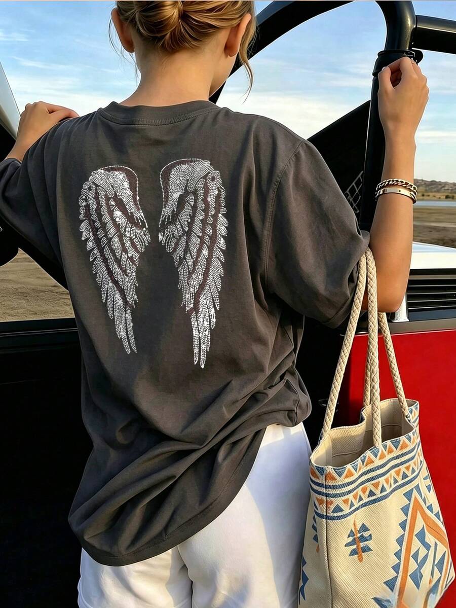 Girls Navy Blue Round Neck Short Sleeve T-Shirt, Angel Wings Rhinestone Print Casual Top - Dark Grey - View 1