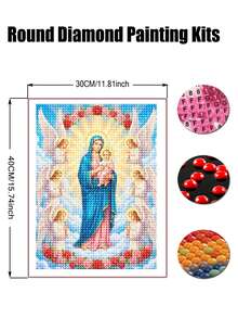 5D Diamond Painting Kit Virgin Mary With Jesus And Angels - Full Round Drill Religious Diamond Art For Adults, DIY Rhinestone Embroidery Cross Stitch For Home Wall Decor - round diamond - View 9