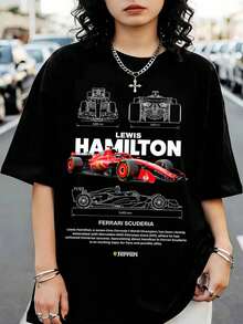 L-LewisS H-HamiltonS FerrariS F1 Blueprint Graphic T-Shirt, FormulaS 1 Crew Neck Tee, Casual Black Short Sleeve Top For Fans - Black - View 1