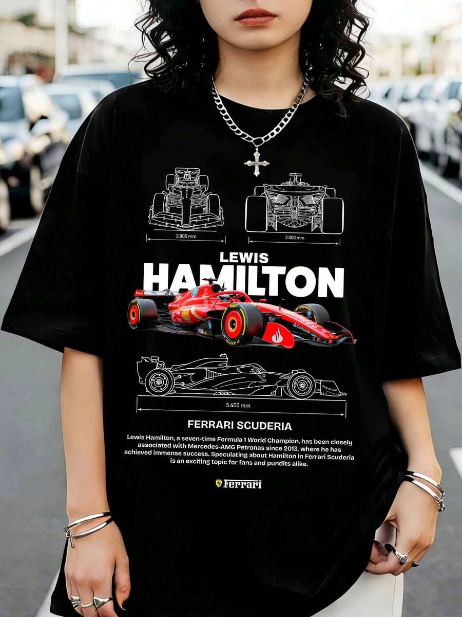 L-LewisS H-HamiltonS FerrariS F1 Blueprint Graphic T-Shirt, FormulaS 1 Crew Neck Tee, Casual Black Short Sleeve Top For Fans - Black - View 1