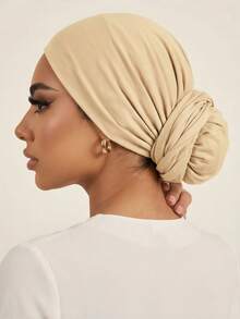 1 pieza Turbante de moda instantánea, múltiples estilos de uso, tela de punto suave y elástica, turbante hijab simple y elegante, antideslizante y transpirable, ligero y amigable con la piel, adecuado para yoga, uso diario y uso al aire libre - Beis - Ver 1