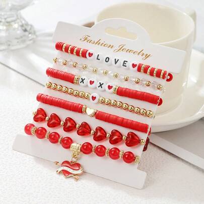 Romantic Red Heart Layered Beaded Soft Clay Bracelet Set, Cupid's Arrow Heart Pendant Bracelet