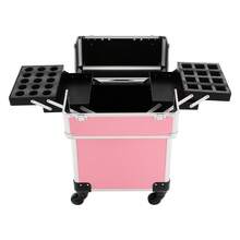 WUPYI Pink Rolling Makeup Train Case Large Capacity Layered Storage Detachable Wheel Lockable Cosmetic Organizer Box 3-Gear Telescopic Rod Carrying Suitcase - Pink - View 3