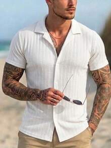 Men's Casual Ribbed Resort Shirt Short-Sleeve Button-Down Camp Collar - White - View 3
