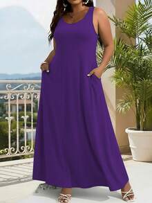New Plus-Size Women's Solid Color Sleeveless Dress, Elegant Stylish Vest Dress - 紫色 - 查看 3
