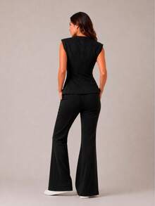 K&K FASHION Conjunto Feminino suede sarjado Colete com Botões e Calça Flare Elegante 2 Peças - Preto - Visão 3