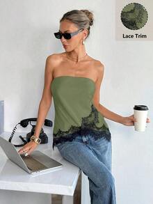 Top bandeau de satén mate con ribete de encaje, de moda casual de verano para playa y resort para mujer - Verde - Ver 6