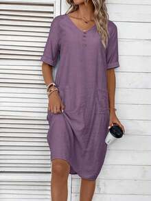 Vestido De Mujer Con Cuello En V Con Botones Decorativos Y Bolsillo Frontal - Morado - Ver 3