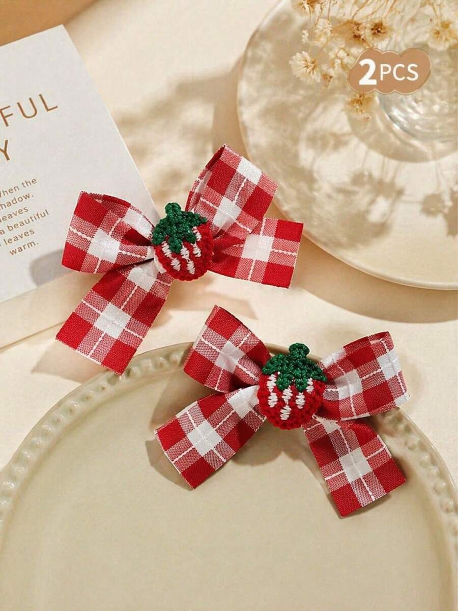 2pcs/Set Cute Sweet Strawberry Plaid Hair Clips, Suitable For Girls' Daily Decoration - Red - View 1