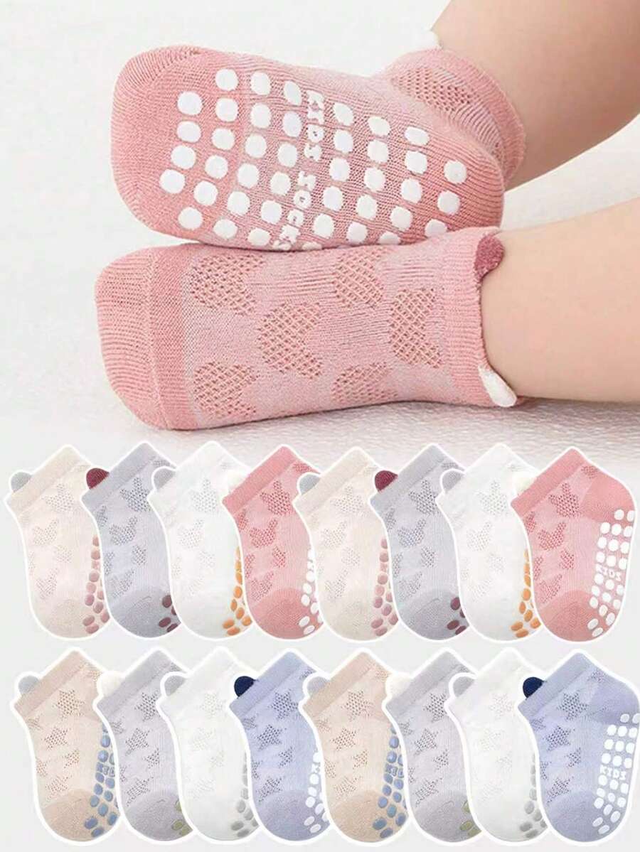 8 pares de calcetines antideslizantes para bebé/niño pequeño, diseño de conejo de malla transpirable, patrón de estrella de unicolor azul, suela suave, adecuado para uso diario casual - Multicolor - Ver 1