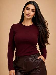 Long-Sleeved, Fleece-Lined, Ribbed Knit, Thermal, Flannel-Lined, Warm, Comfortable, Soft, Office, Festival, Fashion, Autumn And Winter 2026, Valentine's Day. - 紫紅色 - 查看 2