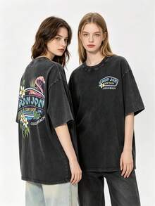 2026 New Everyday Tops. 230g Cotton Tee With Surf Shop Print, Breathable & Lightweight. Street Style Unisex Top, Great For Daily Look And Vacation. - 黑色 - 查看 2