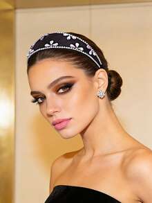 1 pieza Diadema ancha de lujo de malla negra calada con cristales para fiesta, baile de graduación, regalo para novia, accesorio de cabello para vacaciones - Negro - Ver 6