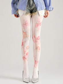 1pc Women's White & Pink Watercolor Floral Print Tights, Soft Floral Pattern Elastic Pantyhose, Sweet & Cute For Spring/Summer Vacation, Date, Daily Wear - White - View 9