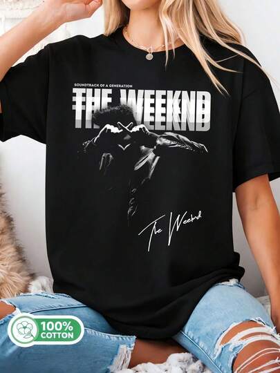 Black And White T-Shirt With The Weeknds's Signature, Oversized Retro Style For Fans.