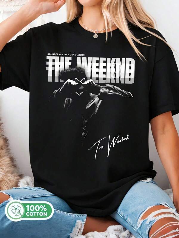 Black And White T-Shirt With The Weeknds's Signature, Oversized Retro Style For Fans.
