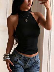 1pc Solid Color Knit Fabric Backless Summer Tie-Up Women's Top, Halter Neck Solid Color Cropped Fitted Top, Suitable For Beach, Night Out, Vacation, Daily Wear Black - Black - View 1