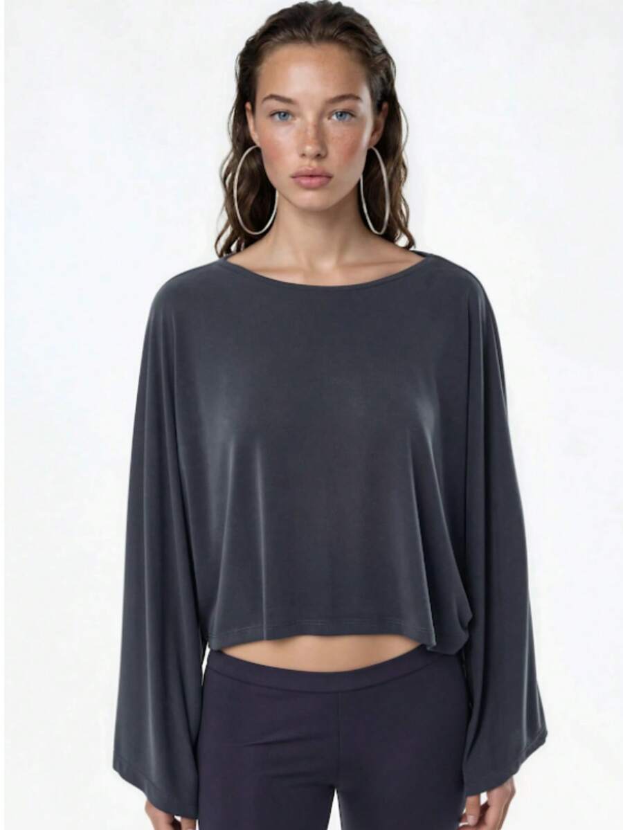 Blusa de cuello barco con ajuste holgado y flexible - Gris Oscuro - Ver 1