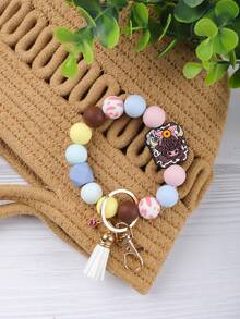 1 Peça Chaveiro Pulseira com Contas de Vaca das Terras Altas, Pulseira com Contas de Silicone e Pingente de Margarida, Borla de Camurça e Fecho de Caranguejo Banhado a Ouro, Chaveiro de Pulso Estilo Boêmio Ocidental, Acessório Fofo para Mulheres, Presente Perfeito para Amantes de Vacas, Chaveiro de Carro - 2814 - Visão 5