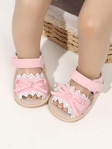 1 Pair Girls Bowknot PU Hook And Loop Design Flat Non-Slip Princess Shoes Soft Rubber Sole Walking Shoes Hollow Breathable Infant Sandals Suitable For Spring And Summer - Pink - View 7