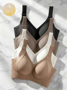 4-Piece Plus Size Bra, Seamless Breathable Wireless Sports Bra For Women - Full Coverage Design, Anti-Slip Material, With Lifting And Support Functions, Comfortable To Wear, Ribbed Details, Made Of Nylon And Elastic Fiber Blend, Hand Wash. Elegant Solid Color Design.Plus Size Lingerie - 彩色 - 查看 1