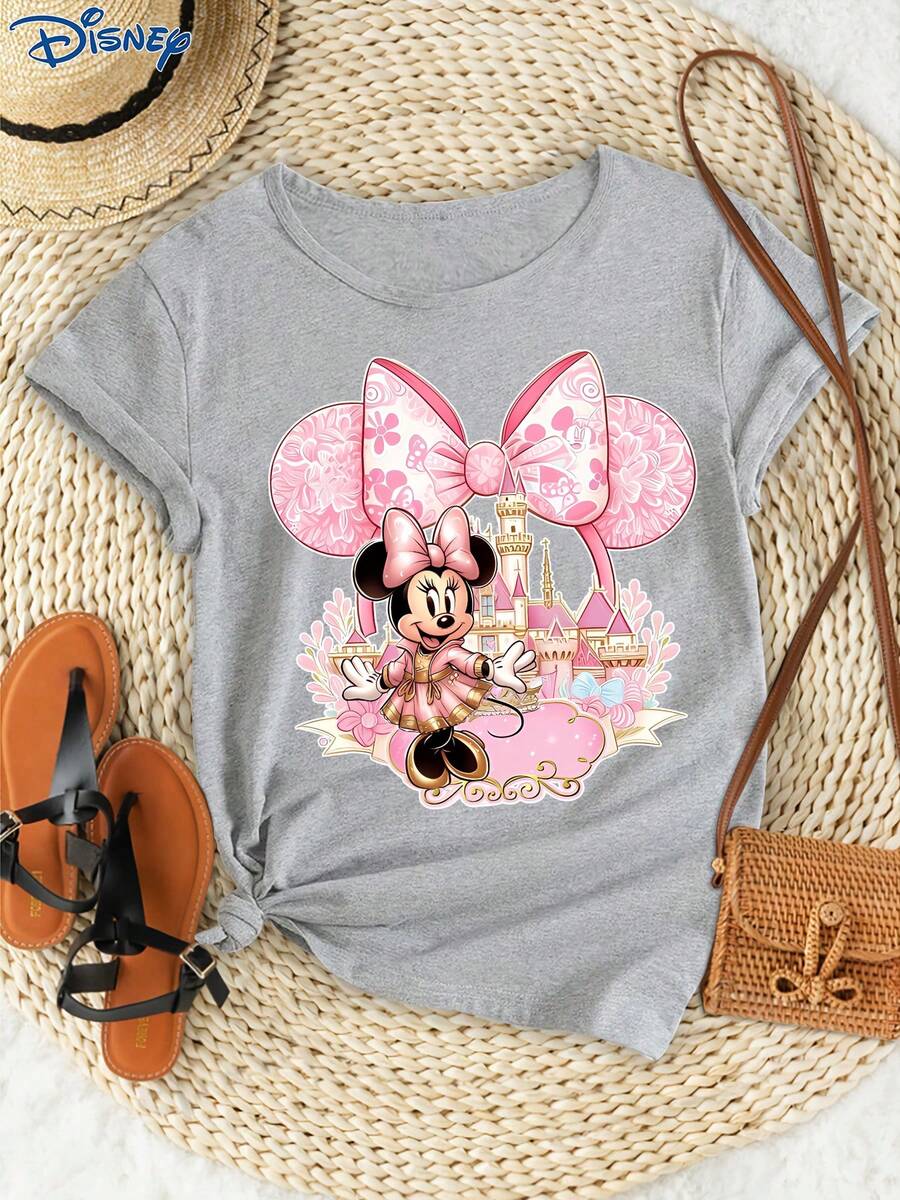 Disney 1pc Women's Short Sleeve T-Shirt, Minnie Mouse Graphic Print, Round Neck, Slightly Elastic - Grey - View 1