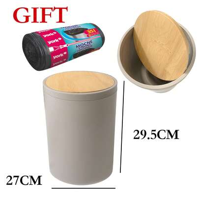 29.5x27cm Round Trash Can With Bamboo Lid, Push-Button Flip-Top, Comes With 1 Roll Of 35L Thickened Trash Bags, Suitable For Bathrooms, Kitchens, And Offices, Available In Black/Grey.