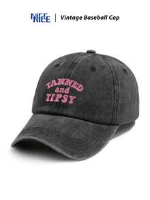 1 boné de beisebol feminino vintage com efeito desgastado, rosa, com bordado "TANNED AND TIPSY", ajustável, chapéu casual para praia e férias, ideal para primavera/verão. - A - Ver 2