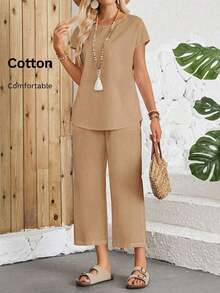 Set de 2 piezas con top de manga corta de cuello redondo y pantalones de longitud completa de unicolor para mujer - Caqui - Ver 1