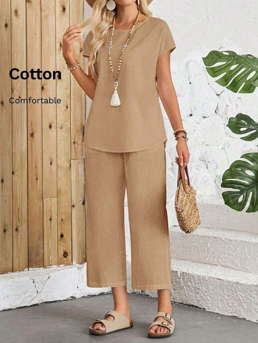 Set de 2 piezas con top de manga corta de cuello redondo y pantalones de longitud completa de unicolor para mujer - Caqui - Ver 1