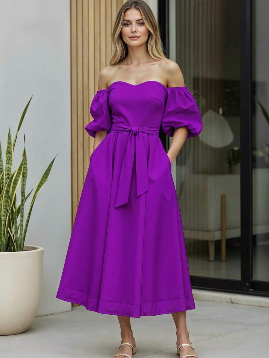 Women's Off-The-Shoulder Long Dress With Adjustable Belt And Puff Sleeves - Buganvilia - 查看 1