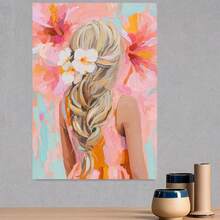 Una obra de arte, enteramente pintada a mano al óleo, titulada: "Floreciendo". "En un brillante atardecer de primavera, una niña con trenzas finas y flores rosas detrás de ella parece estar rodeada de un paraíso floral." Adecuada para la decoración del hogar, adorno de pared. - Enmarcado - Ver 3