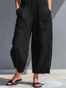 Mono de verano sin mangas con cuello alto y media botonadura, pierna ancha, bolsillos grandes, ajuste holgado y relajado, mono casual para ir al trabajo y vacaciones, efecto estilizante, color negro - Negro - Ver 3