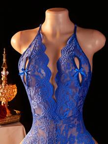 Hot And Daring Crotchless Lingerie, Lace Deep V-Neck Design Sexy Bodysuit, Close-Fitting Exotic Erotic Outfit With Exposed Breasts, Perfect For Date Nights - 藍色 - 查看 6