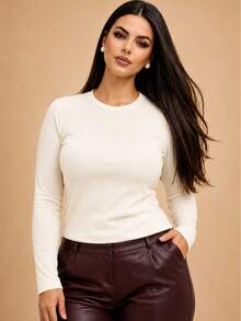 Long-Sleeved, Fleece-Lined, Ribbed Knit, Thermal, Flannel-Lined, Warm, Comfortable, Soft, Office, Festival, Fashion, Autumn And Winter 2026, Valentine's Day. - 米白色 - 查看 2