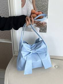 New Fashion Bucket Handbag, Bowknot Decor, Tote Shoulder Bag, Commuter Bag, Solid Color Handbag For Spring/Summer - Blue - View 5