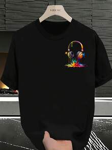 Camiseta de streetwear para hombre, con estampado de auriculares y grafiti, camiseta ligera de verano, adecuada para amantes de la música y entusiastas de la moda urbana, ropa casual, tela cómoda, camiseta para rave, camiseta para hombre. - Negro - Ver 2