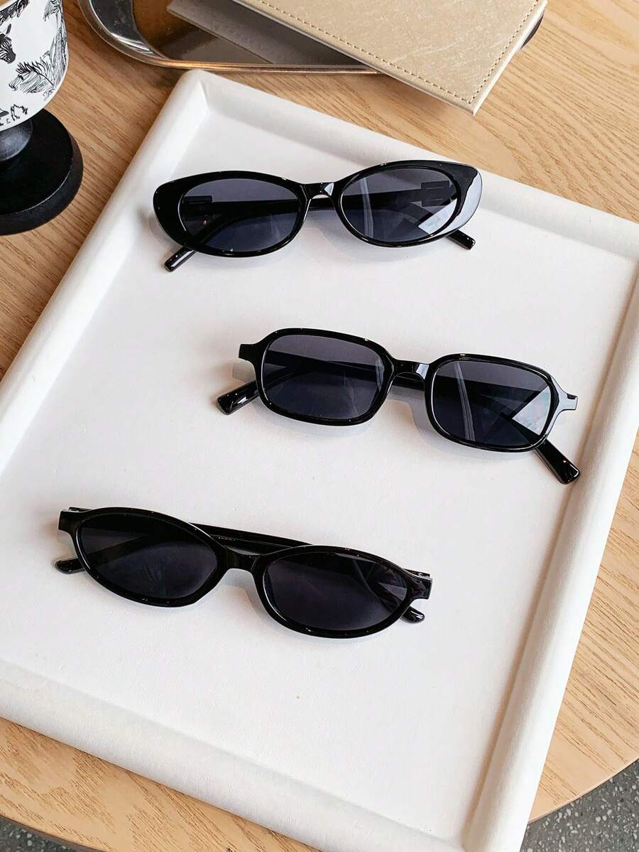3pcs Retro Oval Narrow Frame Black Fashion Fashion Glasses, Plastic Classic Style For Outdoor Travel Beach Vacation Casual Wear, Summer UV Protection Shades Unisex - Black - View 1