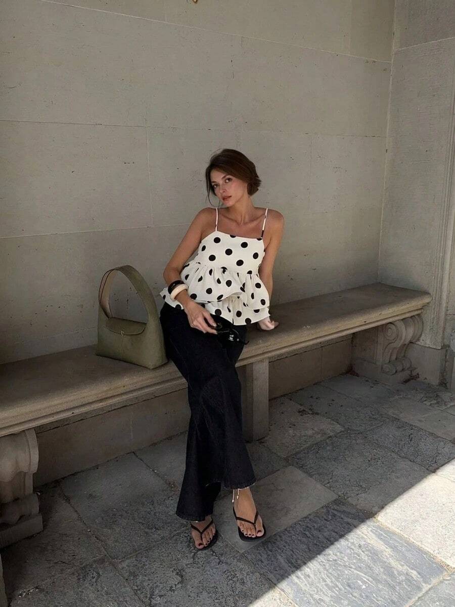 Nuevo top de camisola elegante y casual de primavera/verano para mujer con estampado de lunares de doble capa con volantes - dobladillo con doble volante, plisado, tirantes ajustables, ligero para uso diario, viajes, Día de San Valentín - Multicolor - Ver 1