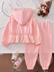 Vihyde Young Girls Sweet Ballet Style Lace Hem Hooded Jacket & Jogger Pants 2pcs Set - Pink - View 3