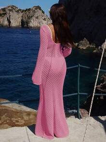 Women's Long Sleeve Hollow Out Swimsuit Cover Up, Elegant Bohemian Style V-Neck Maxi Dress For Vacation Beach Summer - Cherry Blossom Pink - View 7