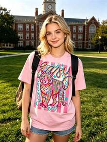 Preppy Style Tiger Print T-Shirt, Casual Crew Neck T-Shirt, Women's Summer Clothes, Y2k Clothing, Streetwear, Women's Summer Outfits - 粉色 - 查看 1