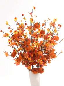 1pc Fake Plant, Autumn Berry Pumpkin Branch, 19.5 Inch Red Maple Leaf Branch With Pumpkin Berries, Autumn Berry Floral Arrangement, For Harvest Festival, Halloween, Thanksgiving Kitchen Dining Table Centerpiece Decoration, Fall Decor - Multicolor - View 6