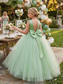 Tween Girl Elegant Bowknot Backless Deep V Mesh Princess Dress, Suitable For Birthday Party, Wedding, Flower Girl, Prom, Holiday Occasions - Mint Green - View 2