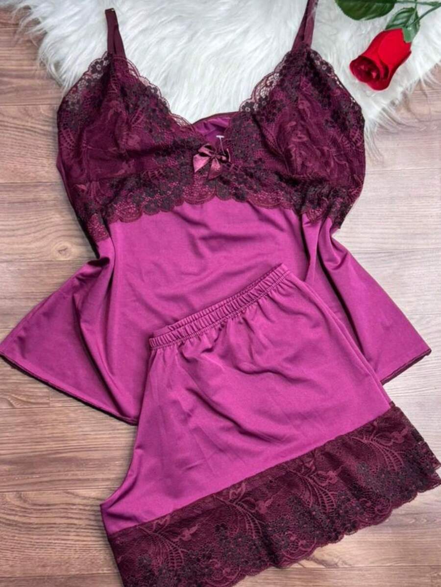 Short Doll Women's Pajama Set/ Two-Tone Lace - Maroon - View 1